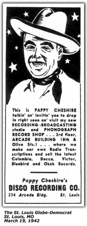 Promo Ad - Pappy Cheshire's Disco Recording Co - St. Louis, MO - March 1942