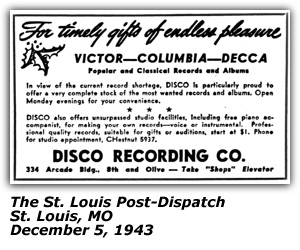 Promo Ad - Disco Recording Co - December 1943 - St. Louis, MO