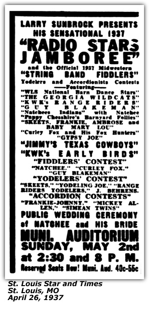 Promo Ad - Radio Stars Jamboree - Larry Sunbrock - Skeets Yaney - April 1937 - St. Louis, MO