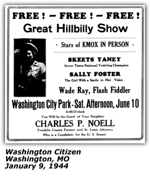 Promo Ad - Great Hillbilly Show - Skeets Yaney, Sally Foster, Wade Ray - Washinton, MO - January 1944
