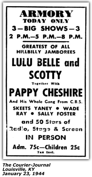 Promo Ad - Lulu Belle and Scotty, Pappy Cheshire, Skeets Yaney, Wade Ray, Sally Foster - Louisville, KY - January 1944