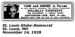 Promo Ad - Lum and Abner - Hillbilly Contests - Tex Waterbury vs Skeets Yaney - November 1939
