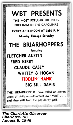 Promo Ad - The Briarhoppers - Fletcher Austin - Fred Kirby - Claude Casey - Whitey and Hogan - Fiddlin' Hank - Big Bill Davis - Charlotte Observer - 1946