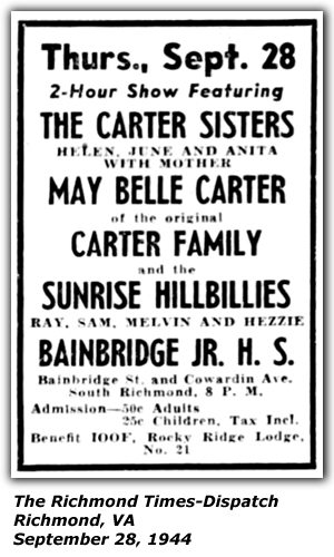 Promo Ad - Bainbridge Junior High School - Carter Sisters and Mother Maybelle - Sunrise Hillbillies 0 Richmond, VA - September 28, 1944