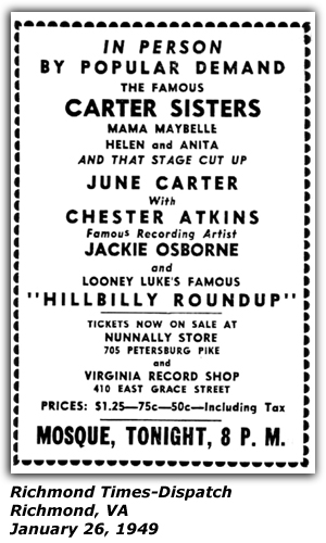 Promo Ad - Mosque Theater - Richmond, VA - Carter Sisters - Mother Maybelle - Chet Atkins - Jackie Osborne - Looney Luke - January 26, 1949