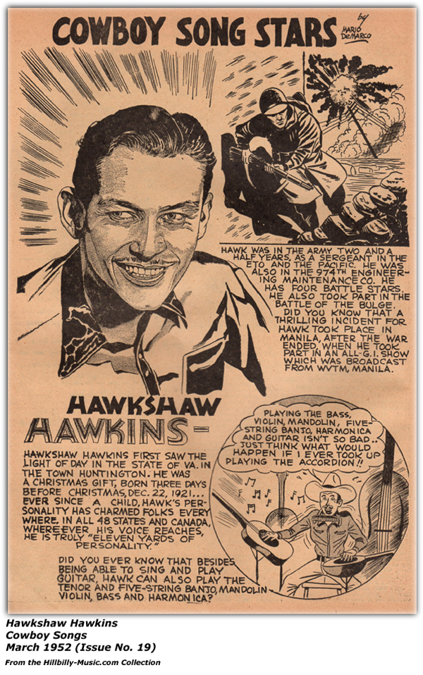 Sketch - Cowboy Songs - March 1952 - Issue No. 19 - Hawkshaw Hawkins - Bio Sketch