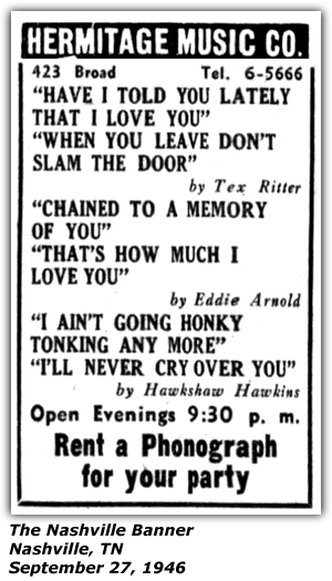 Promo Ad - Hermitage Music Co. - Rent a Phonograph - Hawkshaw Hawkins - Eddie Arnold - Tex Ritter- September 1946
