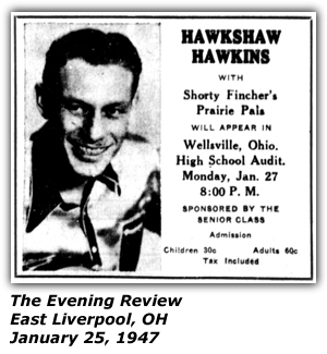 Promo Ad - Wellsville Ohio High School Auditorium - Hawkshaw Hawkins - Shorty Fincher's Prairie Pals - Jan 1947