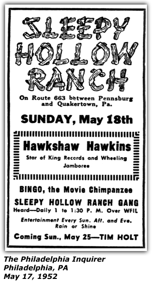 Promo Ad - Sleepy Hollow Ranch - Quakertown, PA - Hawkshaw Hawkins - Sleepy Hollow Ranch Gang - May 1952