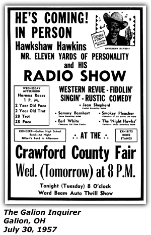Promo Ad - Crawford County Fair - Galion, OH - Hawkshaw Hawkins - July 1957