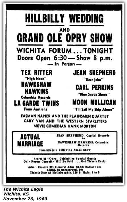 Promo Ad - Wichita Forum - Hillbilly Wedding - tex Ritter - LaGarde Twins - Carl Perkins - Moon Mulligan - Hawkshaw Hawkins - Jean Shepard - Plainsman Quartet - Gary Van - Hank Morton - November 26, 1960