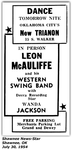 Promo Ad - Trianon - Shawnee, OK - Leon McAuliffe - Wanda Jackson - July 1954