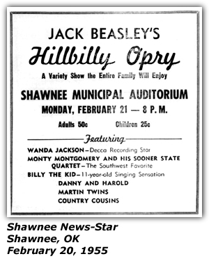 Promo Ad - Jack Beasley's Hillbilly Opry - Shawnee Municipal Auditorium - Shawnee, OK - Wanda Jackson - Monty Montgomer - Billy the Kid - February 1955
