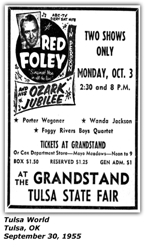 Promo Ad - Tulsa State Fair Grandstand - Tulsa, OK - Red Foley - Porter Wagoner - Wanda Jackson - FOggy River Boys Quartet - September 1955