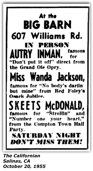 Promo Ad - Big Barn - Salinas, CA - Autry Inman - Wanda Jackson - Skeets McDonald - October 1955