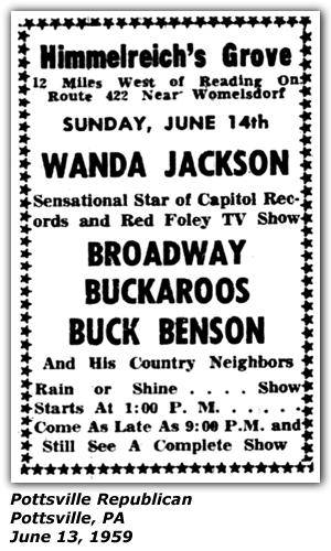 Promo Ad - Himmelreich's Grove - Pottsville, PA - Wanda Jackson - Buck Benson - June 1959