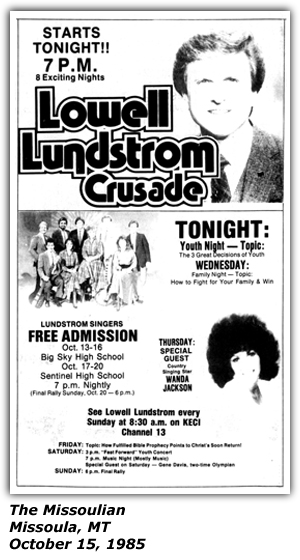 Promo Ad - Lowell Lundstrom Crusade - Missoula, MT - Lundstrom Singers - Wanda Jackson - October 1985
