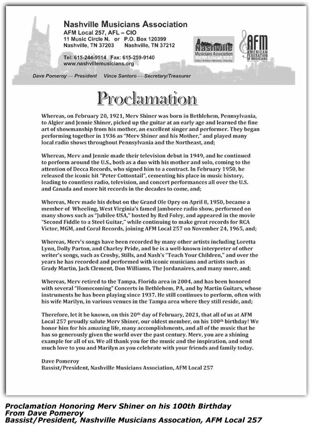 Merv Shiner Proclamation by Dave Pomeroy, President, Nashville Musicians Association, AFM Local 257 Honoring Merv on his 100th Birthday