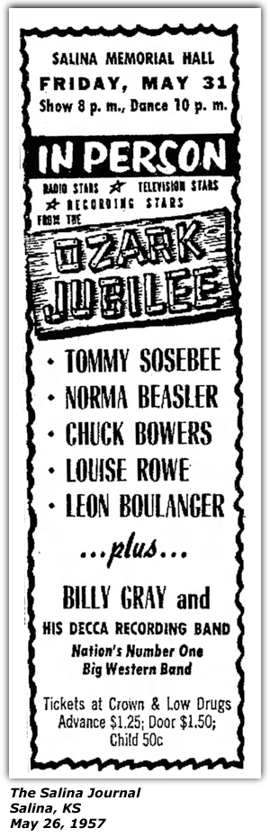 Promo Ad - Salina Memorial Hall - Ozark Jubilee - Tommy SOsebee - Norma Beasler - Chuck Bowers - Louise Rowe - Leon Boulanger - Billy Gray - Salina, KS - May 1957