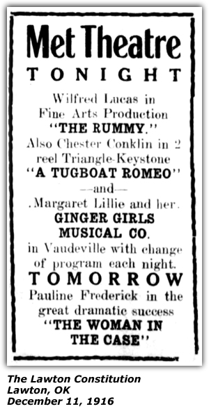 Promo Ad - Met Theatre - Lawton, OK - Margaret Lillie and Her Ginger Girls - December 11, 1916
