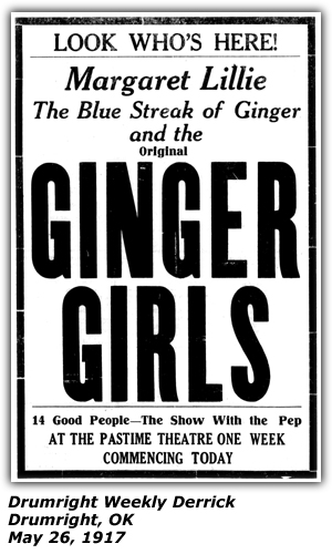 Promo Ad - Pastime Theatre - Drumright, OK - Margaret Lillie - The Blue Streak of Ginger - Ginger Girls - May 26, 1917