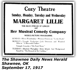 Promo Ad - Cozy Theatre - Shawnee, OK - Margaret Lillie - The Blue Streak of Ginger - September 17, 1917