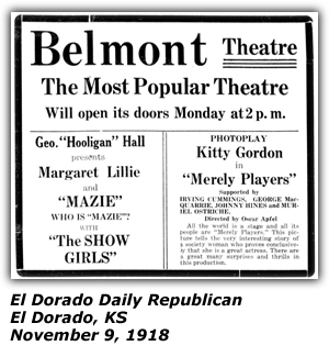 Promo Ad - Belmont Theatre - El Dorado, KS - November 9, 1918 - Margaret Lillie - George (Hooligan) Hall