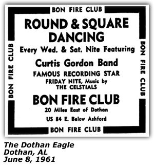Promo Ad - Bon Fire Club - Dothan, AL - Curis Gordon - The Celestials - June 1961