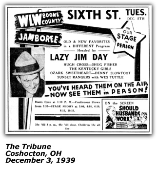Promo Ad - WLW Boone County Jamboree - Lazy Jim Day - Coschocton - 1939