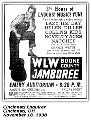 Promo Ad - WLW Boone County Jamboree - Lazy Jim Day - Cincinnati - 1938