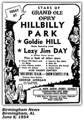 Promo Ad - Hillbilly Park - Goldie Hill - Lazy Jim Day - 1954