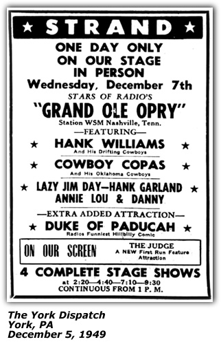 Promo Ad - Hank Williams - Cowboy Copas - Lazy Jim Day - York PA - December 1949