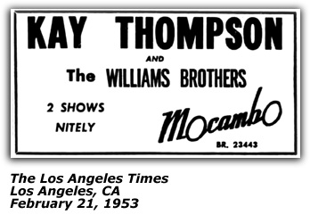 Promo Ad - Mocambo - Los Angeles - Kay Thompson - Williams Brothers - February 1953
