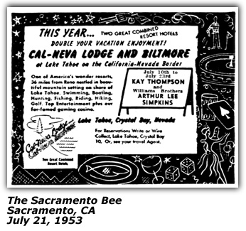 Promo Ad - Cal-Neva Lodge and Biltmore - Kay Thompson - Williams Brothers - July 1953