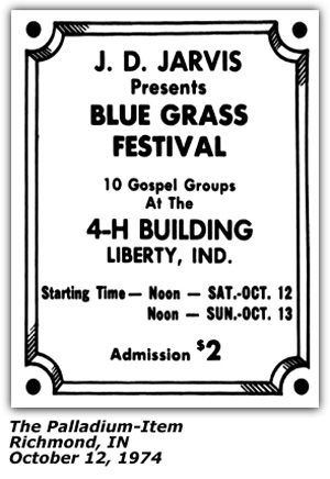 Promo Ad - Bluegrass Festival - J. D. Jarvis - Liberty, IN - Oct 1974