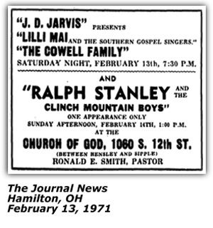 Promo Ad - J. D. Jarvis; Stanley Brothers - Hamilton OH - Feb 1971