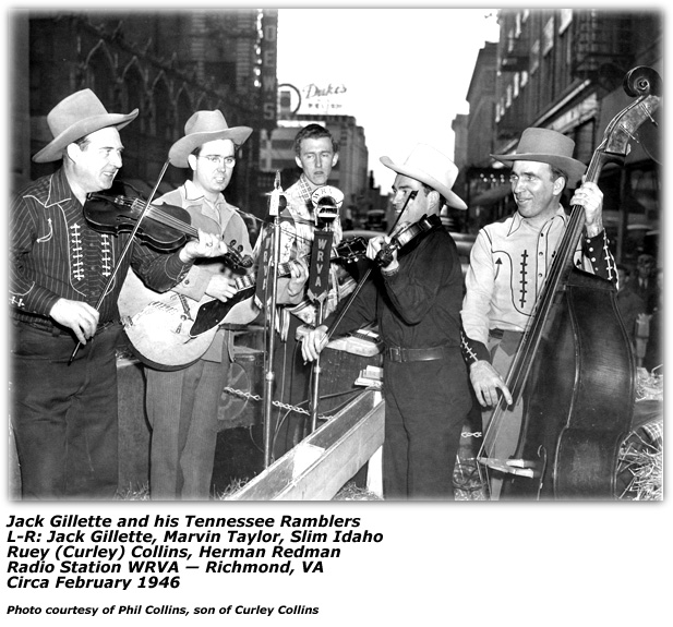 Jack Gillette and His Tennessee Ramblers - Jack Gillette - Marvin Taylor - Slim Idaho - Curley Collins - Herman Redman - WRVA - Richmond, VA -  February 1946