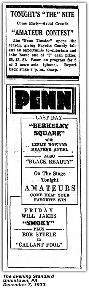 Promo Ad - Penn Theatre Amateur Contest - Uniontown, PA - Dec 7 1933