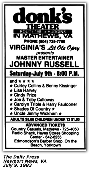 Promo Ad - Donks Theater - Mathews, VA; Benny Kissinger; Curley Collins