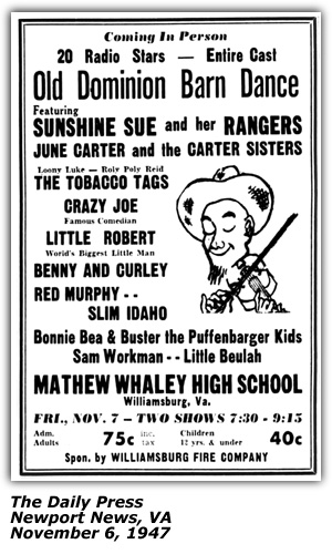 Promo Ad - WRVA Old Dominion Barn Dance - Benny Kissinger - November 1947