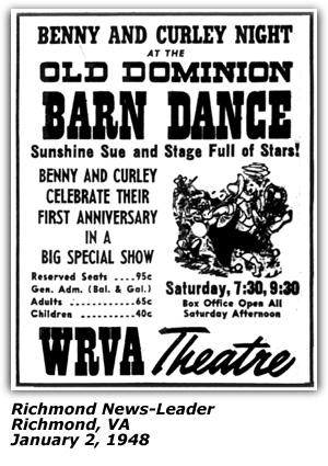 Promo Ad - WRVA Old Dominion Barn Dance - Benny Kissinger - Benny and Curley Night - January 1948