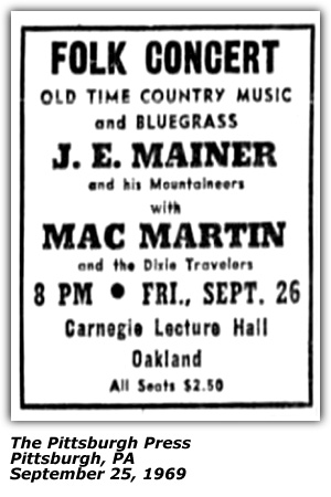 Promo Ad - Folk Concert - Carnegie Lecture Hall - Oakland, PA - J. E. Mainer - Mac Martin and the Dixie Travelers - September 1969