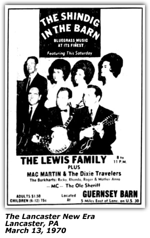 Promo Ad - The Shindig In The Barn - Guernsey Barn - Lewis Family - Mac Martin and His Dixie Travelers - March 1970