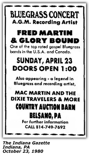 Promo Ad - Bluegrass Concert - Country Auction Barn - Belsano, PA - Fred Martin and Glory Bound - Mac Martin and the Dixie Travelers - October 1980