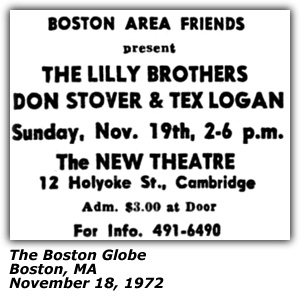 Promo Ad - The New Theatre - Cambridge, MA - The Lilly Brothers - Don Stover - Tex Logan - November 1972