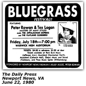 Promo Ad - Bluegrass Festival - Warwick High Auditorium - Peter Rowan - Tex Logan - June 1980