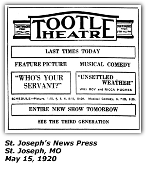 Promo Ad - Tootle Theatre - St. Joseph, MO - May 15, 1920 - Roy and Ricca Hughes