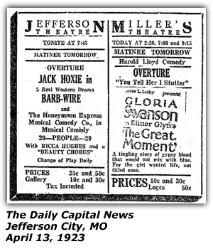 Promo Ad - Jefferson Theatre - Jefferson City, MO - April 13, 1923 - Ricca Hughes