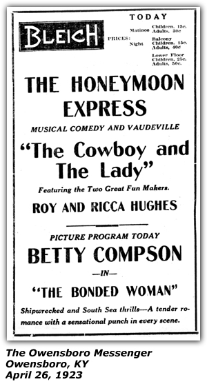 Promo Ad - Bleich - Owensboro, KY - April 26, 1923 - Roy and Ricca Hughes