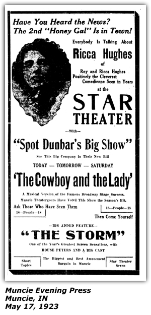 Promo Ad - Star Theater - Muncie, IN - May 17, 1923 - Ricca Hughes